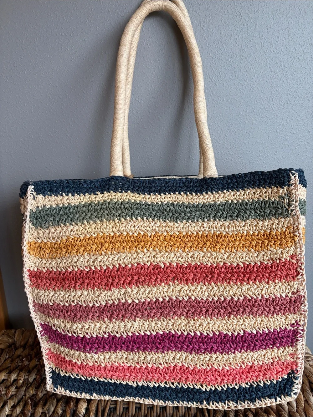 RACHEL Rachel Roy Multicolor Striped Crochet Tote with Cream Handles
